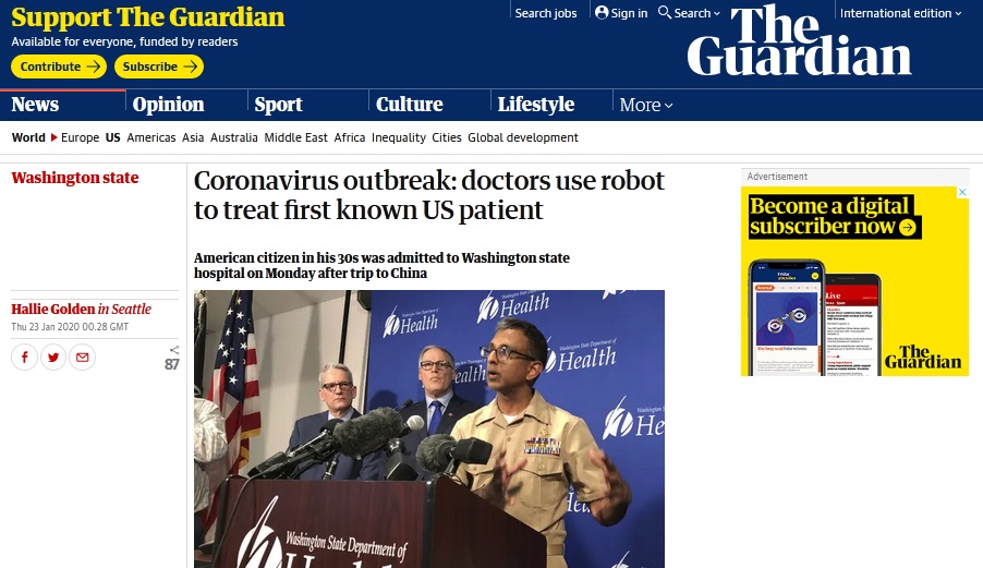 环球网■美国首例新型肺炎治疗过程：医生通过机器人治疗，患者状态令人满意