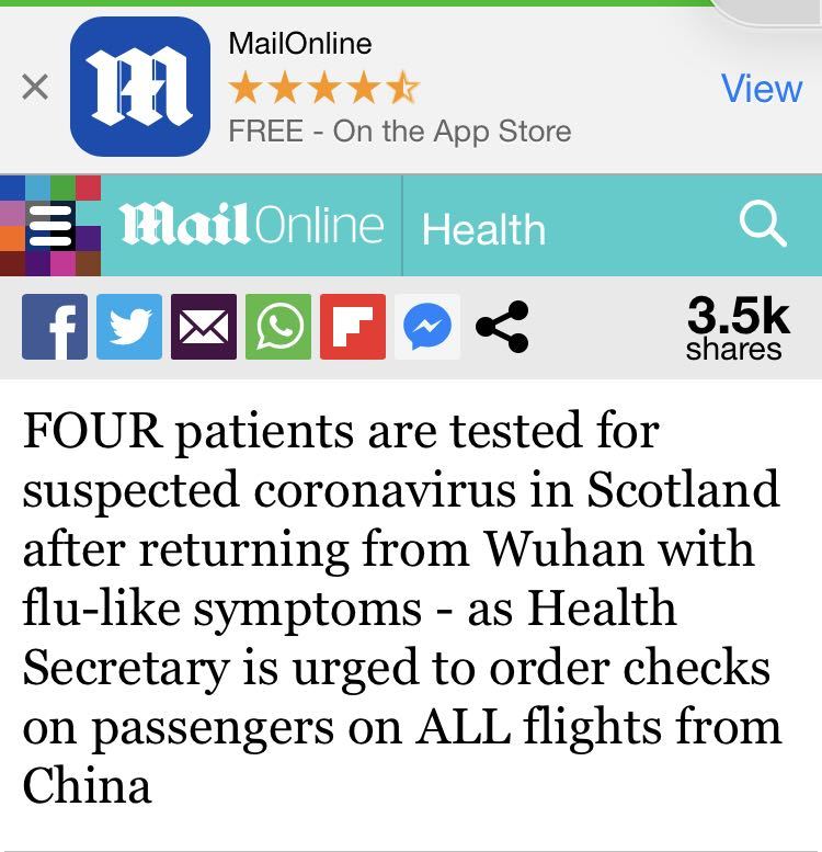 环球网@英媒：英国出现4例新型肺炎疑似病例，系中国游客