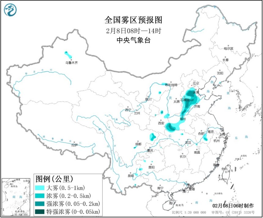 中国气象局@华北中南部黄淮西部等地有雾 西南地区等地多阴雨