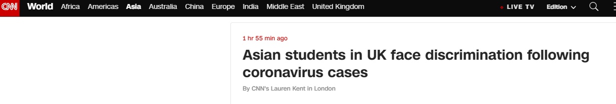 环球网■亚裔学生因新冠肺炎疫情遭歧视，英国多所高校呼吁停止歧视