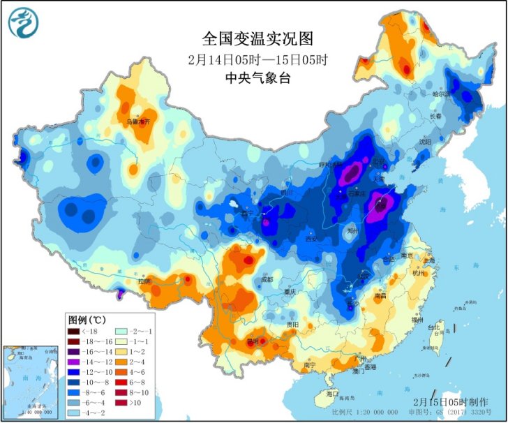 「中国气象局」寒潮继续向南渗透 黄淮至长江中下游将有雨转雪