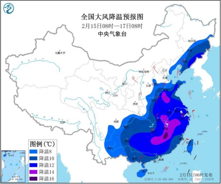 「中国气象局」寒潮继续向南渗透 黄淮至长江中下游将有雨转雪