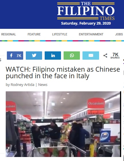 【环球网】荒谬！菲律宾男子在意大利超市被殴打，外媒：他被误认为是中国人