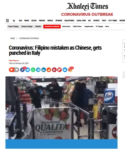 【环球网】荒谬！菲律宾男子在意大利超市被殴打，外媒：他被误认为是中国人