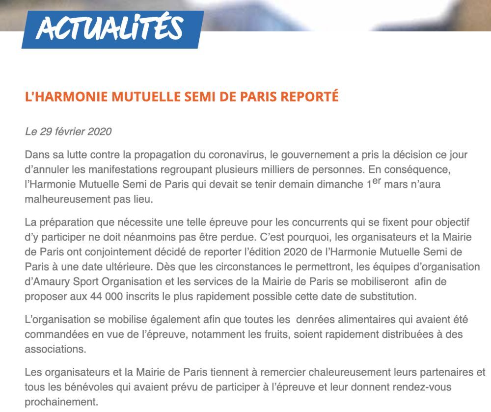 [马拉松]原定于3月1日举行的巴黎半程马拉松因疫情取消