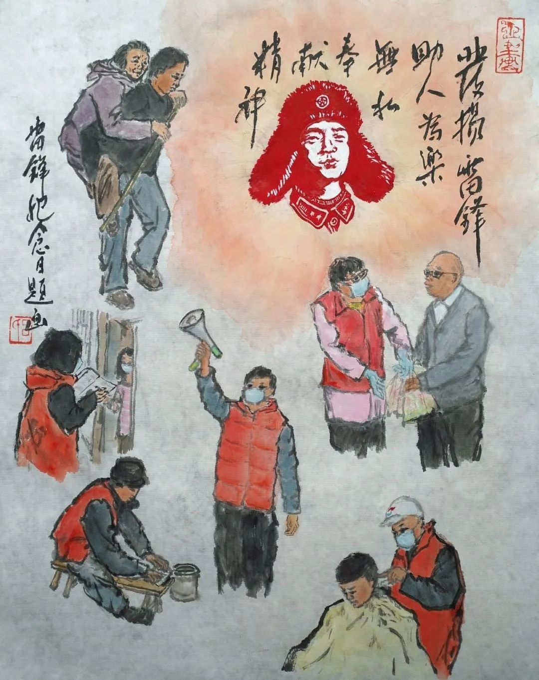 周家桥街道社区志愿者吕渲以"发扬雷锋精神"为主题所作的纸巾水彩画