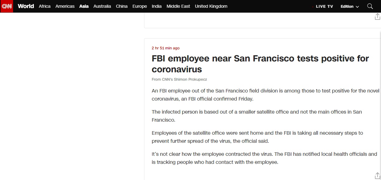 国际社会▲美国FBI雇员新冠病毒检测呈阳性,感染途径未知