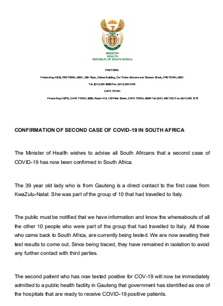 肺炎▲南非卫生部宣布确诊第二例新冠肺炎患者