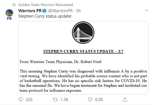 「斯蒂芬·库里」库里确诊甲流。