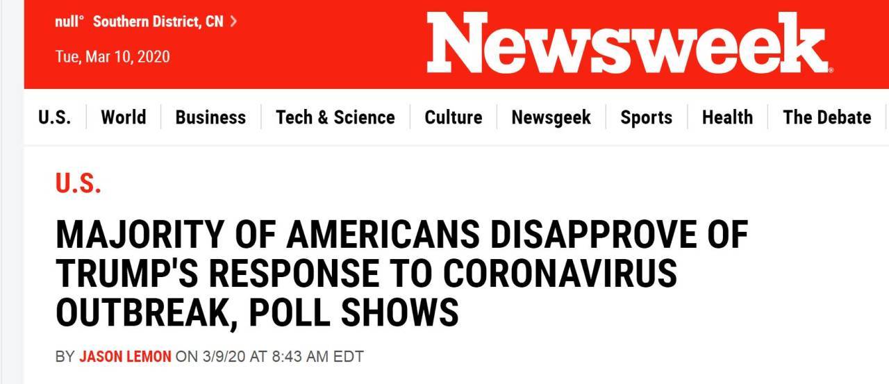 【特朗普】美民调：过半民众不满特朗普应对新冠肺炎疫情的反应