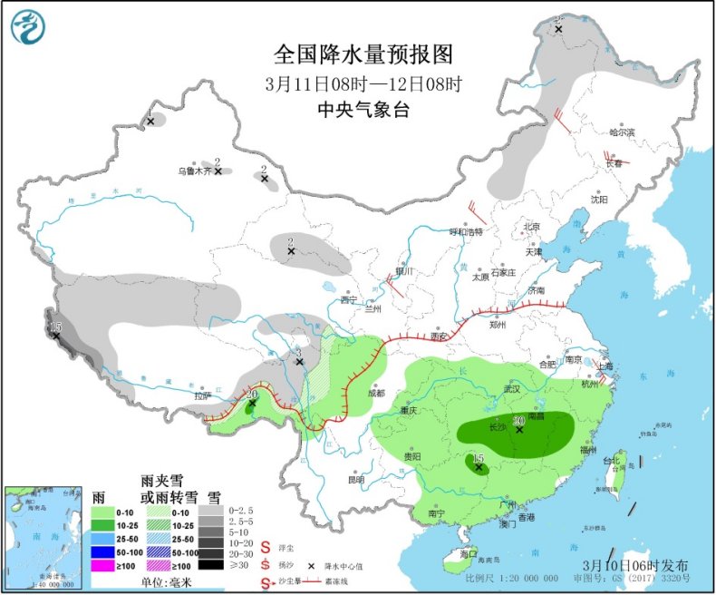 [中国气象局]中东部大部地区风力较大 明日江南华南雨水再现
