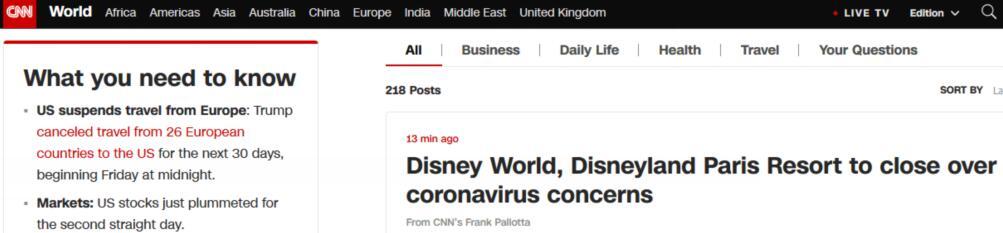 【国际】快讯！美媒：担忧新冠肺炎疫情暴发，部分迪士尼度假区将暂停营业