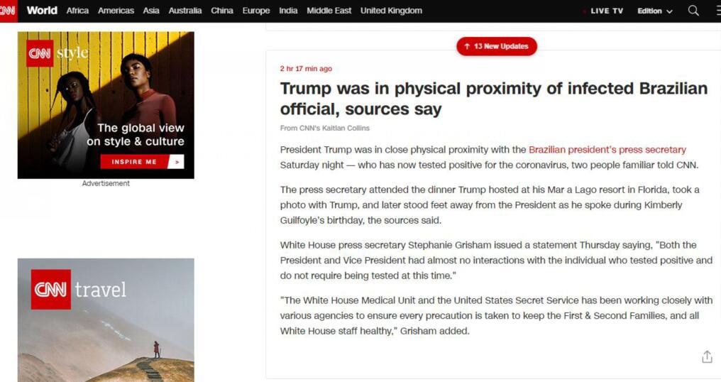 「特朗普」特朗普接触过巴西确诊官员?白宫发言人：他们没有互动，总统不用接受检测