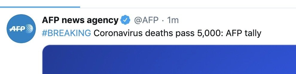 肺炎@外媒：新冠肺炎全球死亡人数超过5000