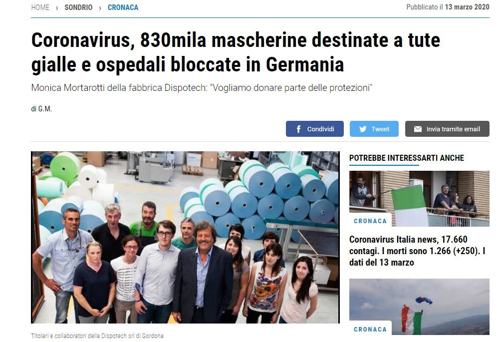 口罩:?意大利医院急需的口罩被德国扣下后,不见了