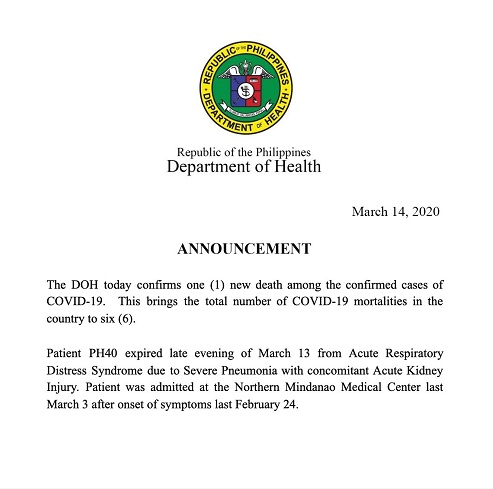 『』菲律宾新增1例死亡确诊病例 累计死亡6例