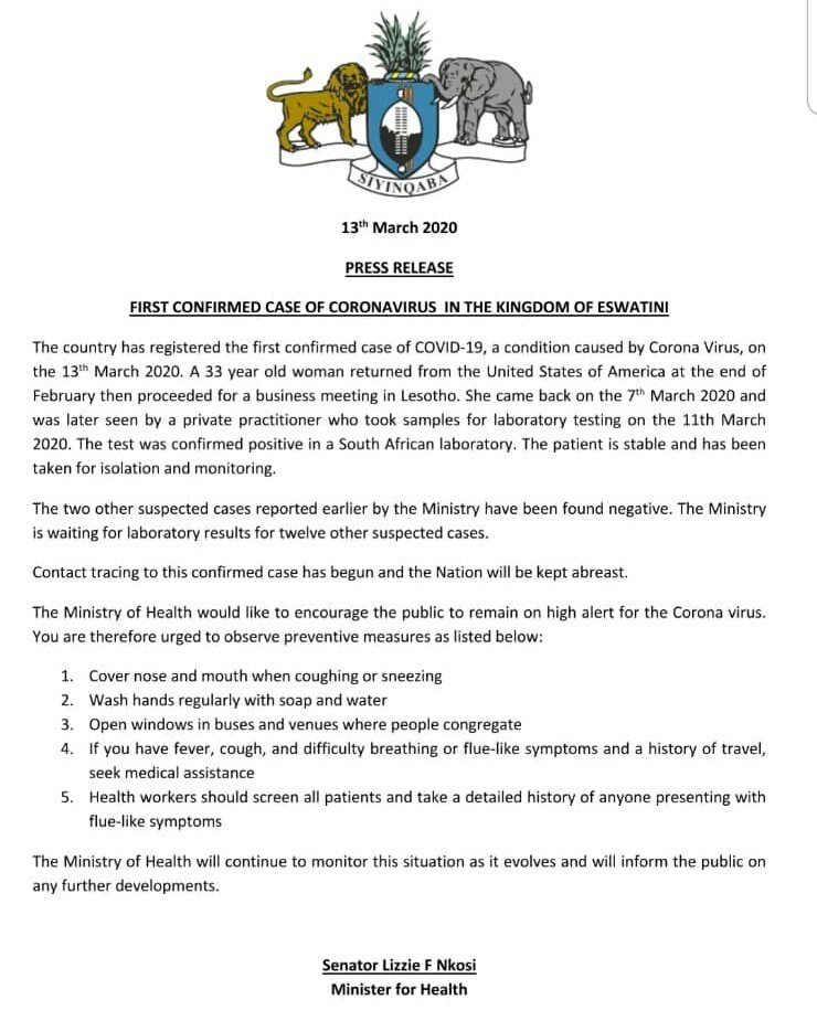 @斯威士兰确诊首例新冠肺炎病例