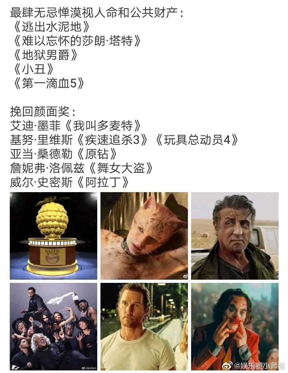 『金酸莓奖』“金酸莓”颁奖典礼叫停,《猫》《第一滴血5》可以喘口气了