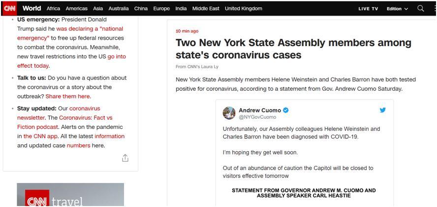 『国际社会』快讯！美纽约州两名议员新冠病毒检测呈阳性