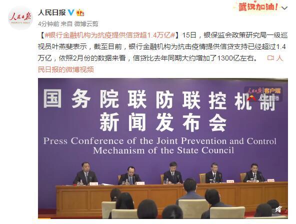 「银行」银保监会：银行金融机构为抗疫提供信贷超1.4万亿