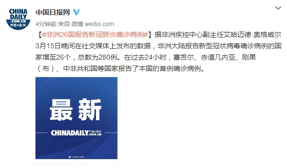 「传染病」非洲疾控中心副主任：非洲26国报告新冠肺炎确诊病例 总数280例