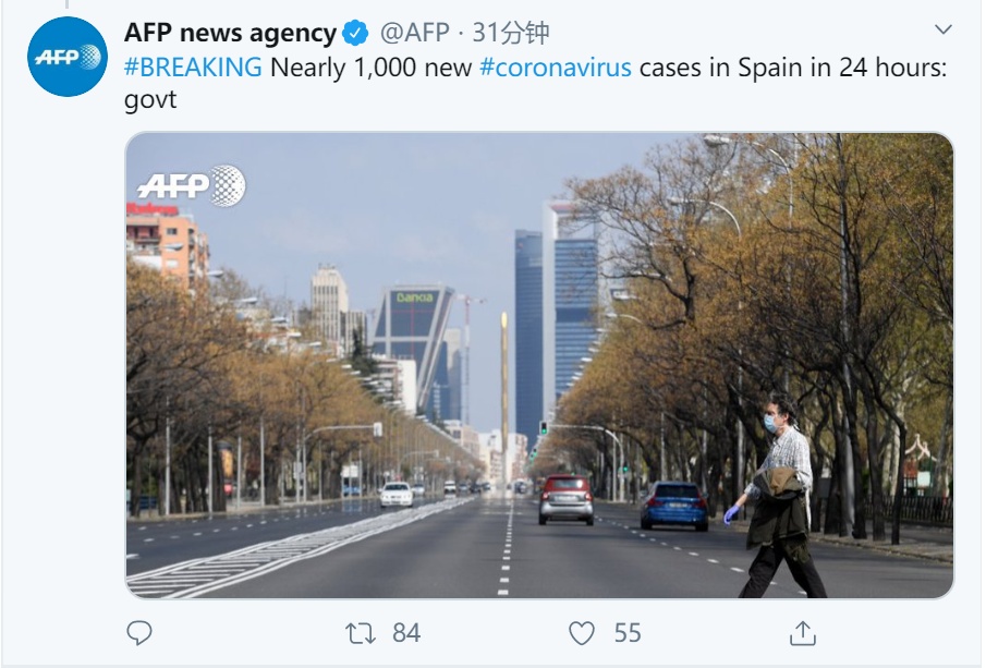【肺炎】快讯！西班牙24小时内新增新冠肺炎病例近千例，累计达8744例