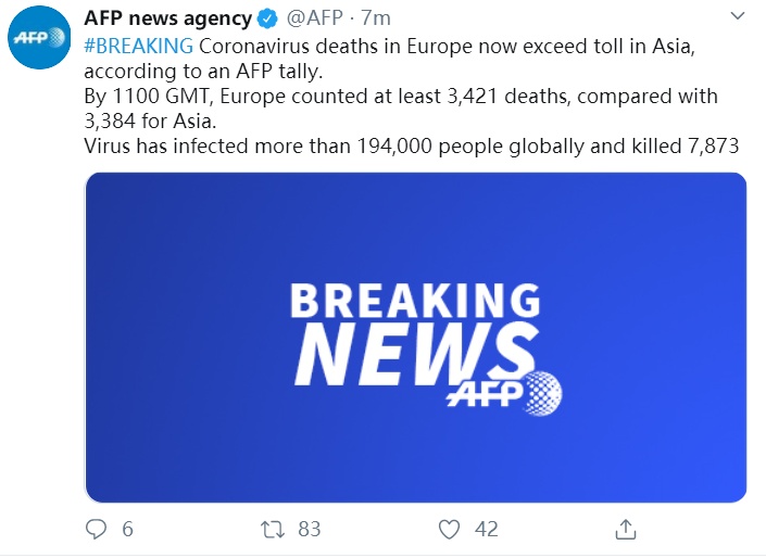 肺炎■快讯!外媒:欧洲新冠肺炎死亡人数超过亚洲