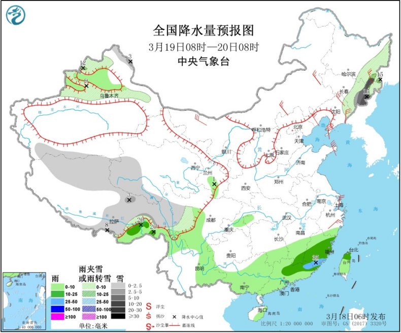 中国气象局：江南华南多降雨 华北等地有大风