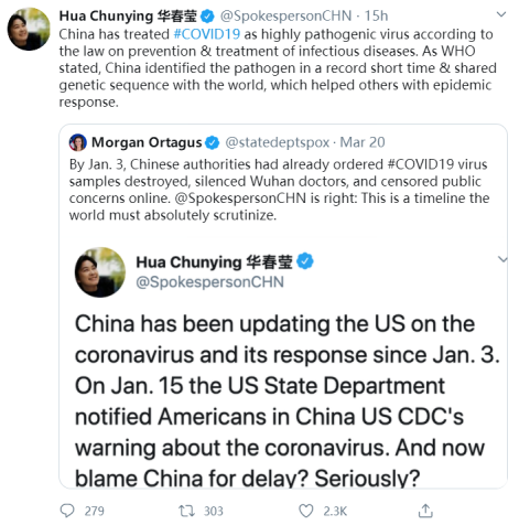 [美国国务院]6连发之后，华春莹再次3连发回怼美国国务院发言人