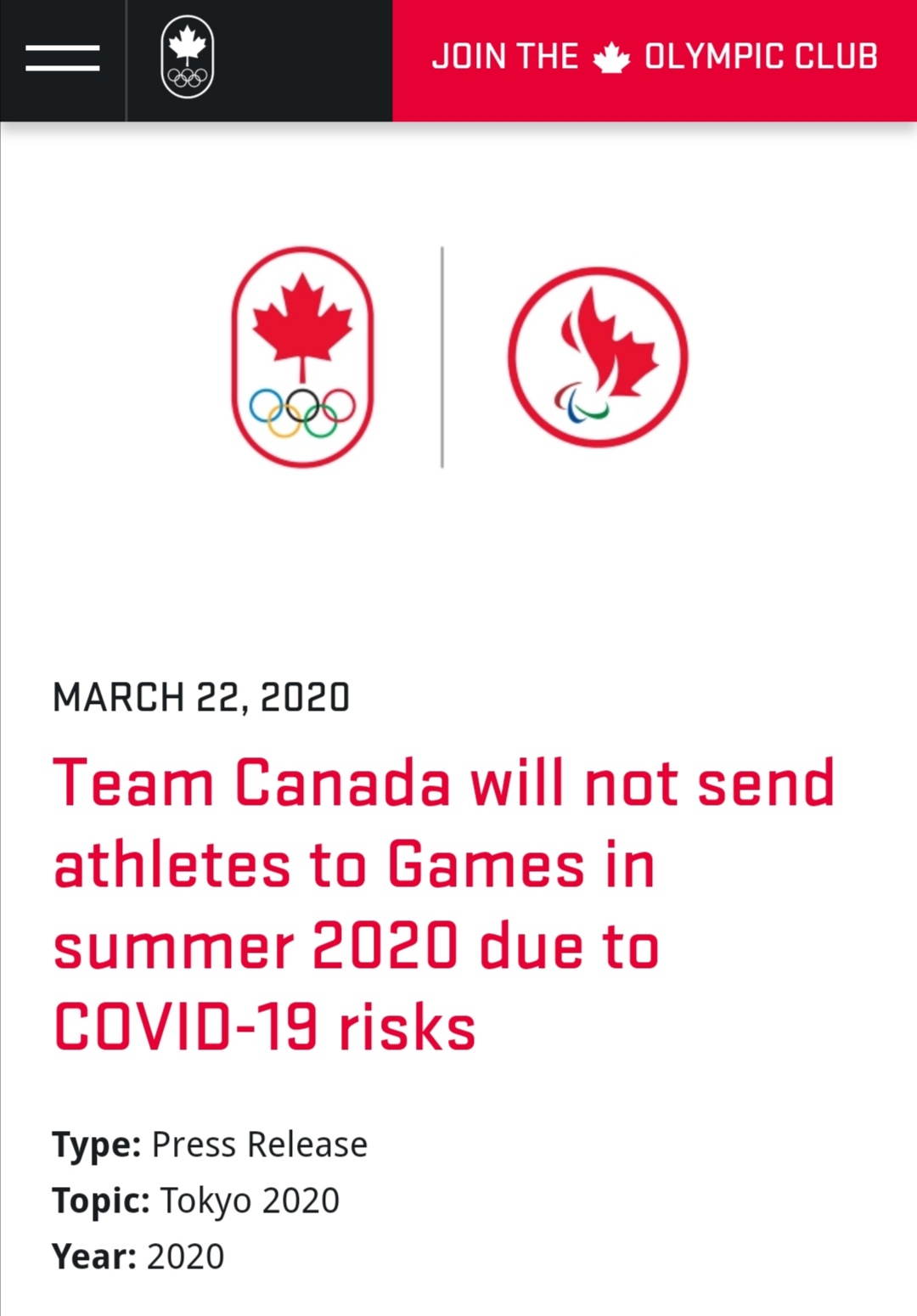 奥运会@加拿大奥委会：若东京奥运会不推迟将拒绝参赛