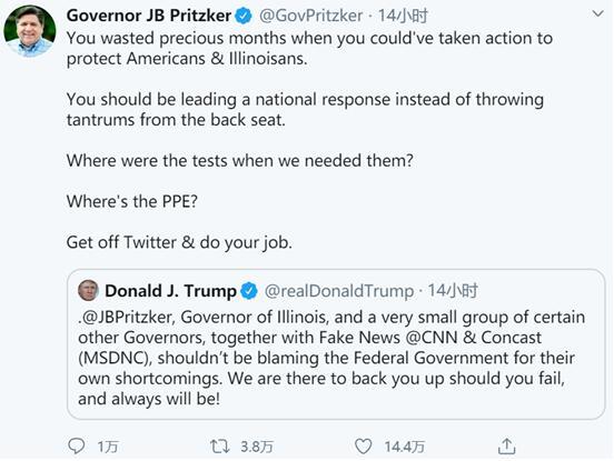 特朗普■因不满特朗普应对疫情不力而被点名批评，美州长回怼：离开推特，做好你的工作