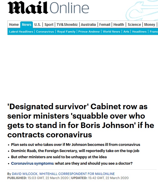 『指定幸存者』英媒曝政府“指定幸存者”方案，内阁为“约翰逊感染后谁来接任”吵了起来