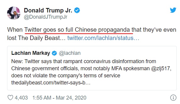 #特朗普#推特拒绝封杀中国官员账号和网帖，特朗普儿子暴怒