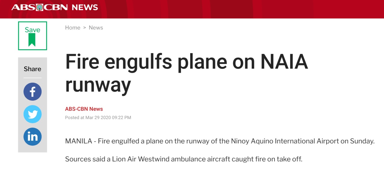 [国际社会]快讯！菲律宾机场一架救护飞机起飞时起火