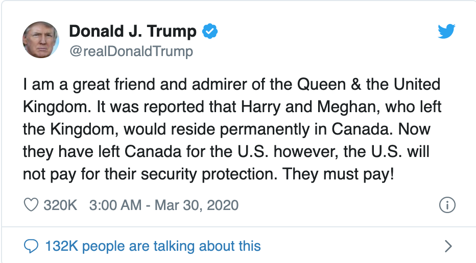 『特朗普』哈里、梅根搬至洛杉矶，特朗普拒绝为他们提供安保费用