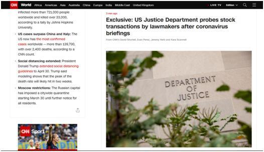 [国际]美媒披露：司法部已开始调查国会议员是否利用非公开信息进行股票交易