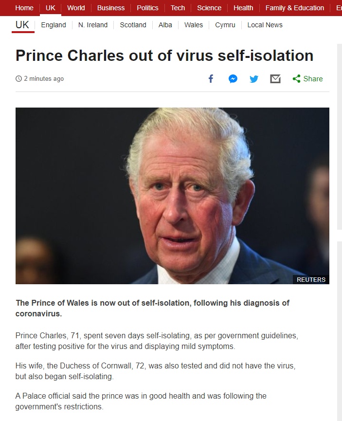「查尔斯王子」英国查尔斯王子解除自我隔离