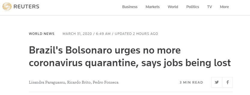 「巴西总统」巴西总统继续“站”经济：不能再实施更多隔离措施，就业正被摧毁！