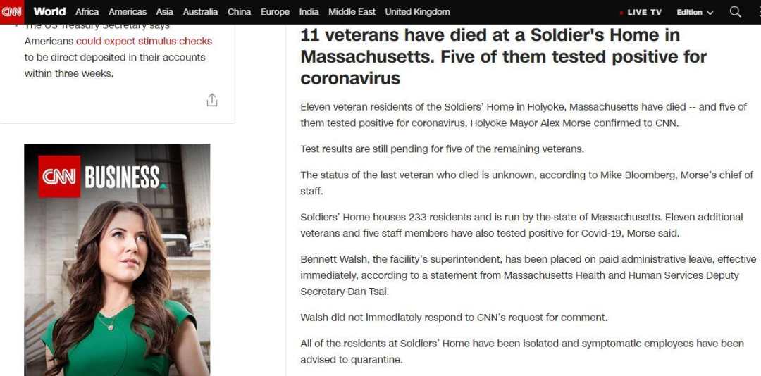 美国一“军人之家”暴发疫情：11名退伍老兵死亡，其中5人被证实感染