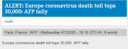 『』快讯！外媒：欧洲新冠肺炎死亡病例超3万例