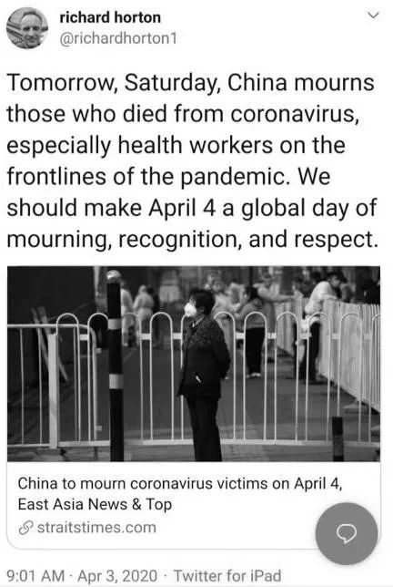 【】《柳叶刀》主编倡议全球和中国一起志哀