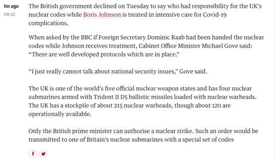 英媒@约翰逊还在重症监护室，英媒开始追问：“代理首相”是否拿到“核密码”……