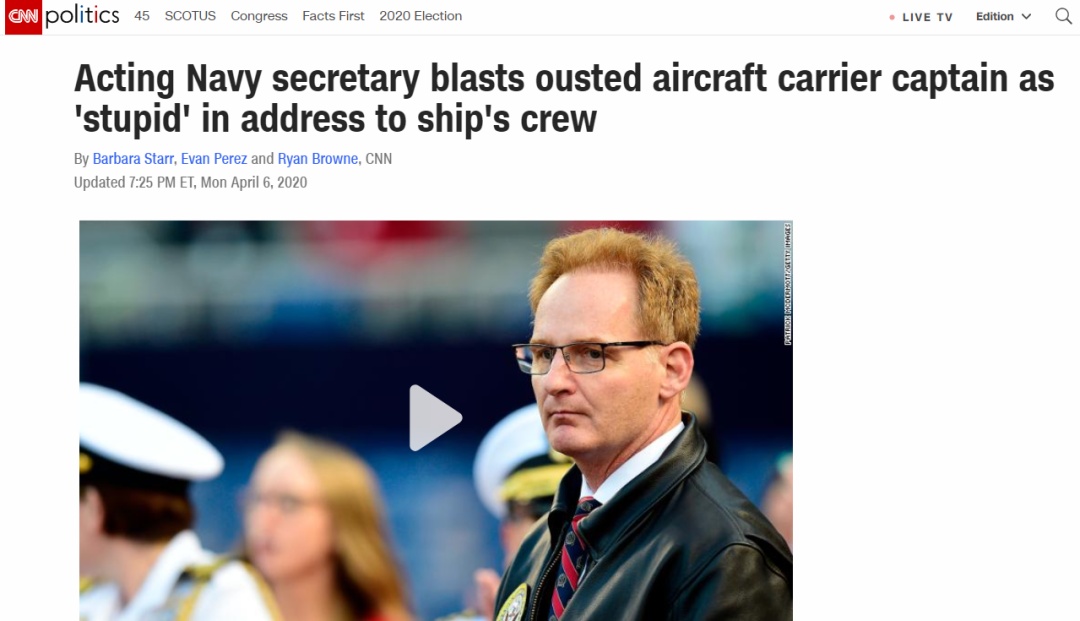 #海军#“罗斯福”号航母官兵气炸！美代理海军部长怒斥舰长录音曝光