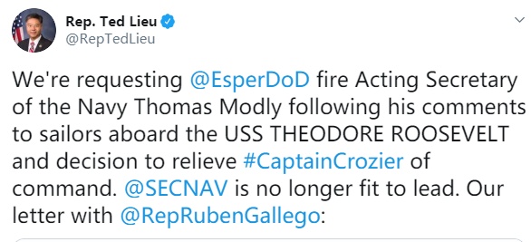 #海军#“罗斯福”号航母官兵气炸！美代理海军部长怒斥舰长录音曝光