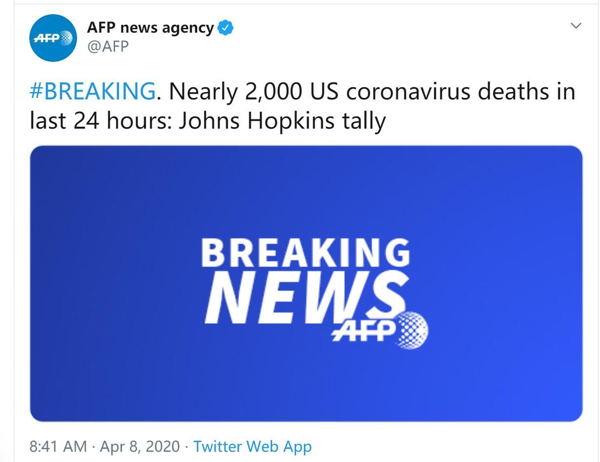 「国际」外媒：美国单日新增死亡病例近2000例，系目前最高