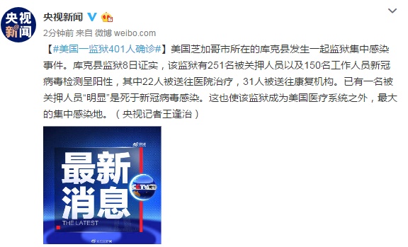央视新闻▲美国芝加哥市发生一起监狱集中感染事件，401人确诊