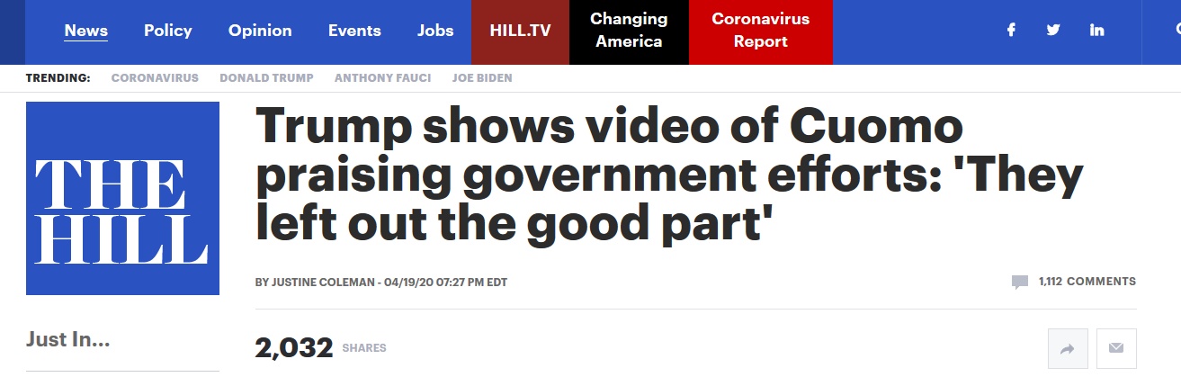 『特朗普』记者会上播纽约州长“夸”政府抗疫视频,特朗普有些“意犹未尽”:他们漏掉了好的部分