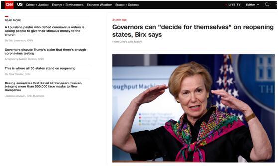 【经济】白宫冠状病毒应对工作组协调员:各州长可“自行决定”重启经济