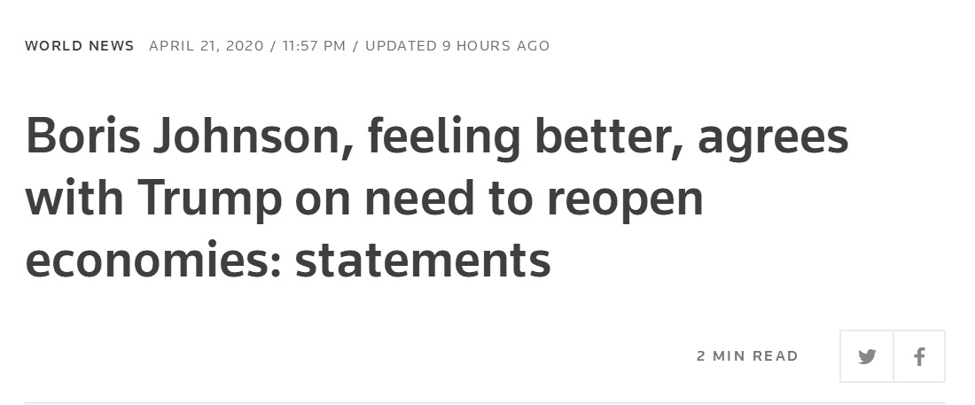 「特朗普」约翰逊出院后与特朗普通话:感觉好多了,正在康复中