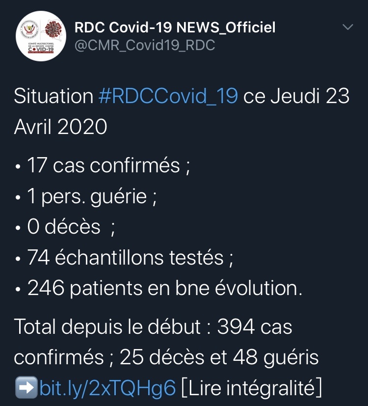 『』刚果（金）新增17例新冠肺炎确诊病例 累计394例